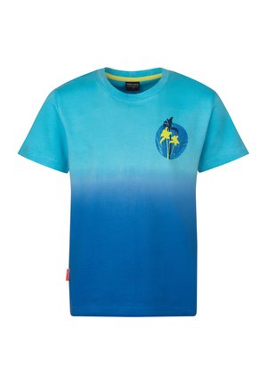 Blue gradient short-sleeve t-shirt with small round graphic of yellow flowers and dark blue circle on the chest, and a small red tag on the side.