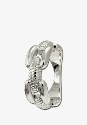 Silver ring with a twisted, linked design featuring polished surfaces and a smooth texture, marked with "925" for silver purity.
