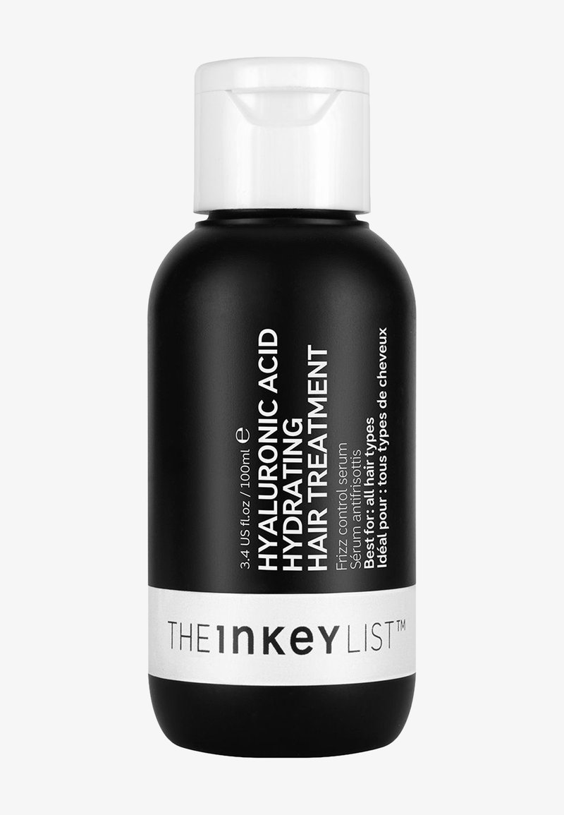 Bouteille noire avec bouchon blanc étiquetée "Traitement capillaire hydratant à l'acide hyaluronique" de The Inkey List, 100 ml, pour tous types de cheveux et contrôle des frisottis.