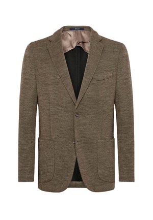 Brown wool blend blazer with notched lapels, two front pockets, and a single button closure. Smooth inner lining, classic fit design.