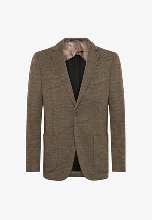 Bruine wollen blazer van een wolmix met aangeknipte revers, twee voorzakken en een enkele knoopsluiting. Glad binnenvocht, klassiek pasvorm ontwerp.
