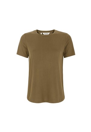 Jednoduché tričko olivově zelené barvy s krátkými rukávy a kulatým výstřihem, rovný spodní lem a štítek "Soft Rebels" uvnitř límce.