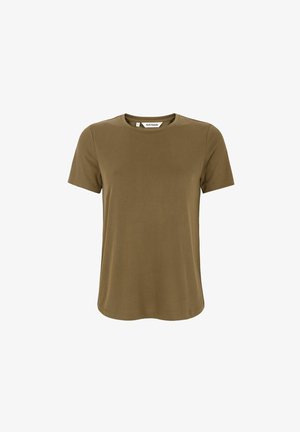 Schlichtes olivgrünes T-Shirt mit kurzen Ärmeln, Rundhalsausschnitt, geradem Saum und "Soft Rebels"-Label innen am Kragen.