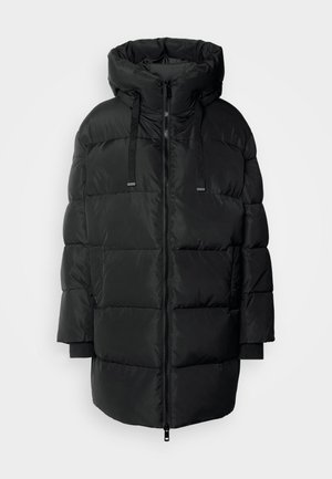 Black padded coat with a high collar, front zipper, and drawstring. Features long sleeves and side pockets, designed for warmth and comfort.