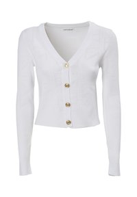 Witte cardigan met een V-hals, lange mouwen en vijf gouden knopen. De stof heeft een gestructureerd, patroonontwerp.