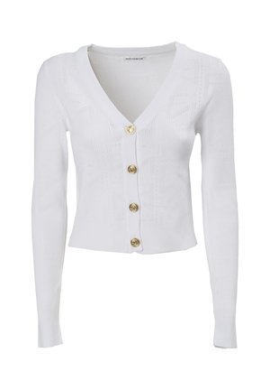 Witte cardigan met een V-hals, lange mouwen en vijf gouden knopen. De stof heeft een gestructureerd, patroonontwerp.