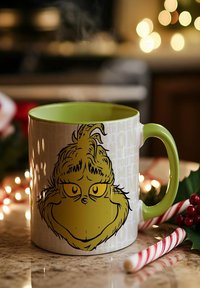 Tazza ceramica verde e bianca con il volto di un personaggio dei cartoni animati, con una superficie liscia, linee spesse e un motivo testuale sottile.