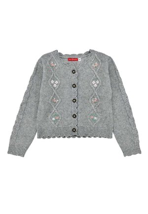 Grauer Strickcardigan mit gewellten Kanten, schwarzen Knöpfen vorne, Zopfmuster-Ärmeln und bestickten rosa und weißen Blumenmustern.