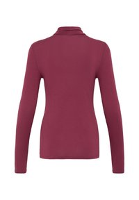 Haut à col roulé bordeaux à manches longues vu de dos, coupe ajustée et sans motifs ni logos visibles.
