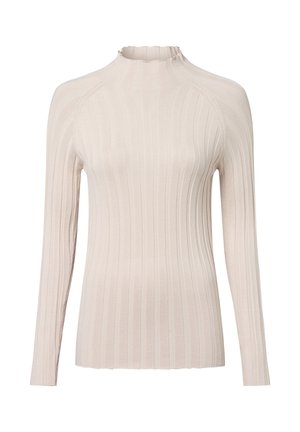 Engstrickter, gerippter Langarm-Pullover in Hellbeige, mit einem hohen Kragen mit gewelltem Rand und glatter Textur, der eine schlanke Form betont.