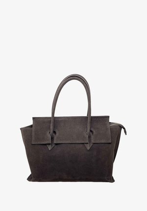 Borsa in suede grigia con doppio manico superiore, forma trapezoidale, pattina anteriore piatta e cuciture a contrasto. Chiusura con zip sul lato.