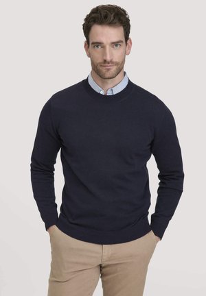 Maglione blu navy realizzato in tessuto a maglia, con collo rotondo, maniche lunghe, polsini e orlo a costine, abbinato a una camicia colletto azzurro indossata sotto.