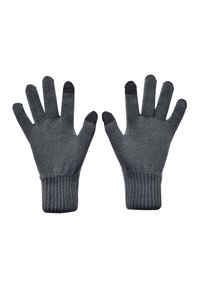 Guantes gris de punto con puños acanalados, que cuentan con puntas de dedos gris oscuro para su uso en pantallas táctiles. El material parece suave y flexible.