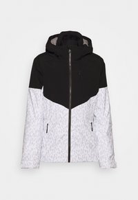 Veste noire et blanche avec imprimé léopard sur la moitié inférieure et les manches, fermeture éclair à l'avant, poches zippées, et capuche attachée.