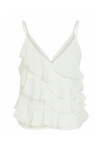 Haut blanc sans manches avec des volants superposés et des bretelles fines ajustables, présentant un décolleté en V.