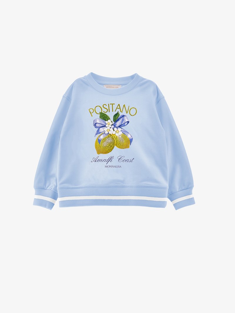 Világoskék pulóver citrommal és virág grafikával, „POSITANO”, „Amalfi Coast” és „MONNALISA” feliratokkal, bordázott mandzsettával és szegéllyel, fehér csíkokkal.
