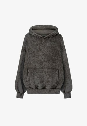 Bluza z kapturem w kolorze antracytowym, wykonana z miękkiej, teksturowanej tkaniny, z dużą przednią kieszenią, ściągaczami na mankietach i kapturem ze sznurkiem.