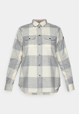 Grijs-wit flanellen shirt met een ruitpatroon, lange mouwen, twee borstzakken, knoopsluiting aan de voorkant en een gebogen zoom.