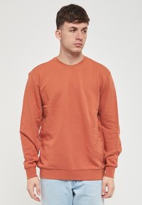 Felpa di colore terracotta, con colletto a girocollo e maniche lunghe. Texture morbida con dettagli in rilievo sulla parte anteriore e polsini a costine.