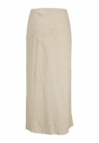 Bež krila iz lanene tkanine midi dolžine, ravnega kroja, gladke teksture, subtilnim meliranim vzorcem, brez vidnih kovinskih delov ali dodatkov, neodvijani rob.