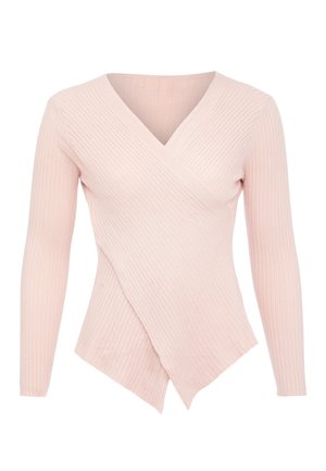 Lyserød ribbet langærmet top med en dyb V-udskæring og en asymmetrisk kant. Sweaterdesignet har en indpakningsfront og en blød tekstur.