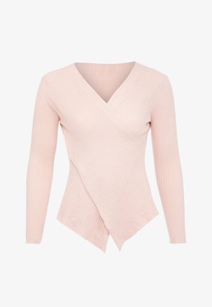 Rózsaszín bordázott hosszú ujjú felső mély V-nyakkal és aszimmetrikus szegéllyel. A pulóver dizájnja átkötött elülső résszel és puha textúrával rendelkezik.