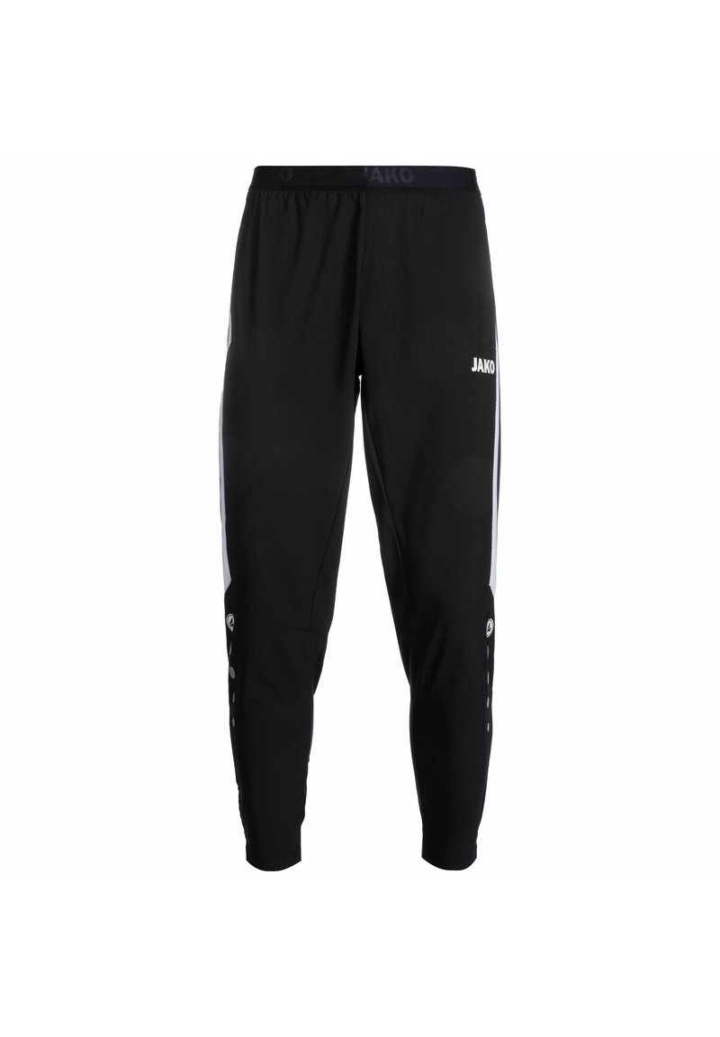 Pantalons de sport noirs avec une taille élastique, des bandes blanches sur les côtés et des détails de logo. Fabriqués en tissu léger et extensible.
