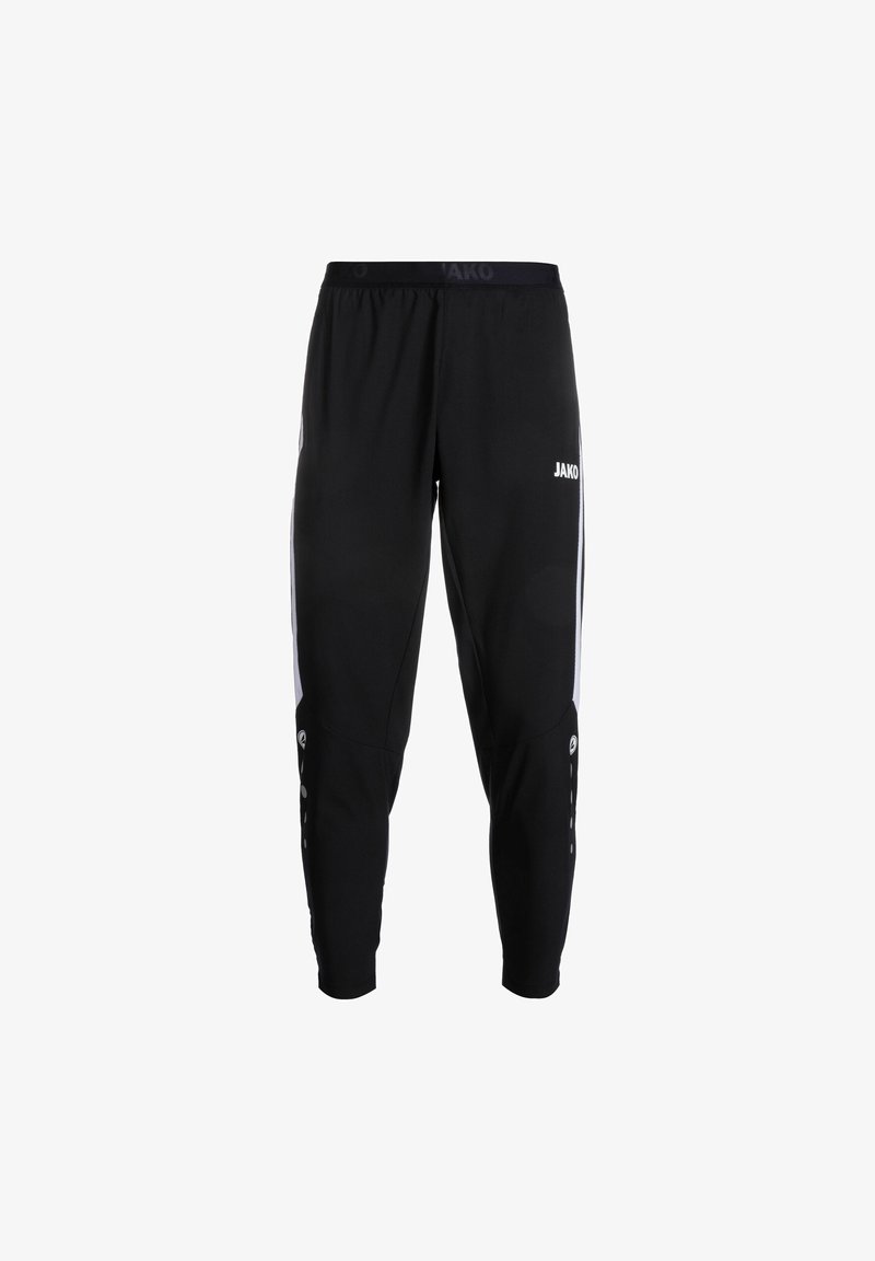 Zwarte sportbroek met elastische tailleband, zijstrepen in het wit en logo-details. Gemaakt van lichte, rekbare stof.