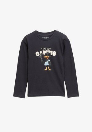 Langärmliges, navy-blaues Baumwollhemd mit einem Comic-Charakter, der Spielcontroller hält, und dem Text "LASST UNS SPIELEN". Glatte Textur, lässiges Design.