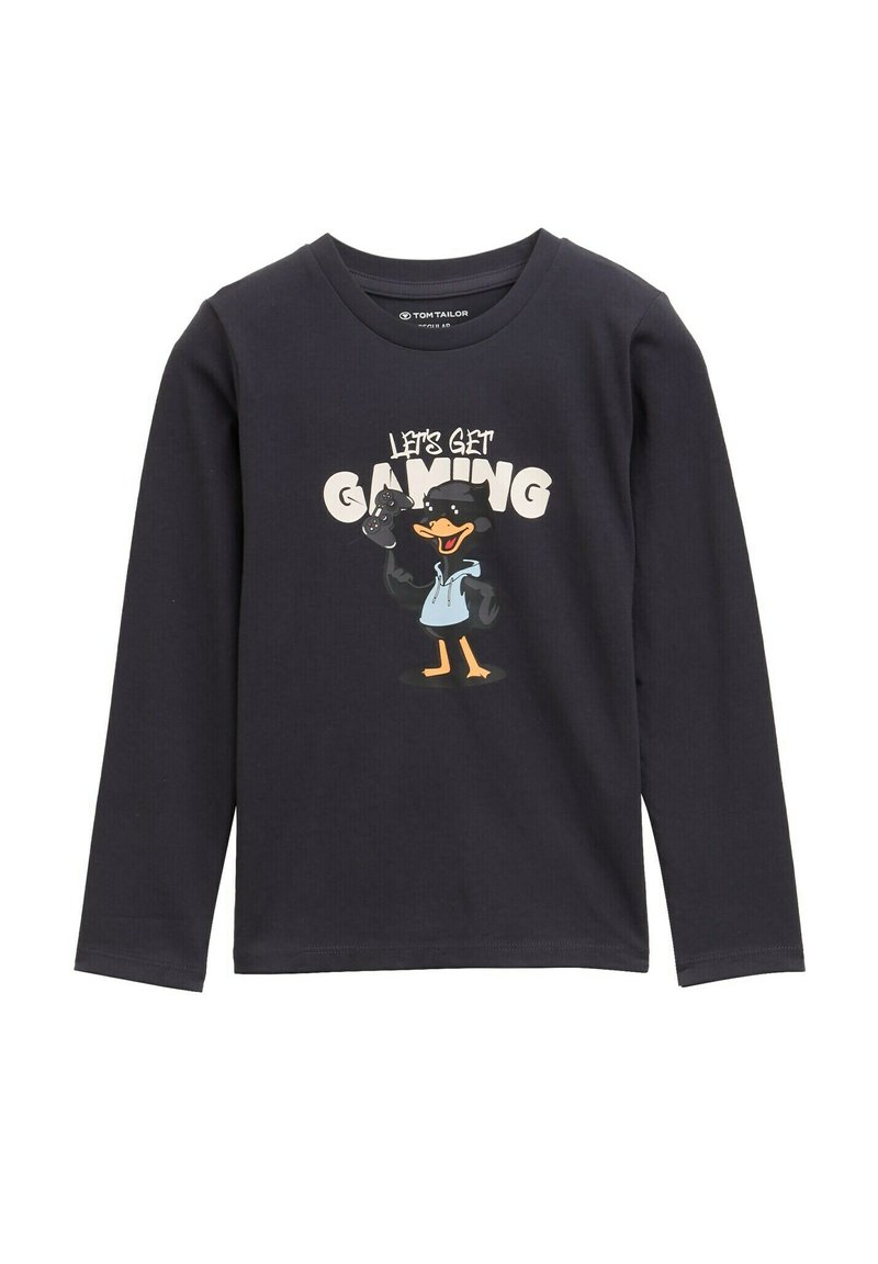 Camicia in cotone a maniche lunghe di colore blu navy, con un personaggio dei cartoni animati che tiene in mano dei controller di gioco e il testo "INIZIAMO A GIOCARE." Texture liscia, design casual.