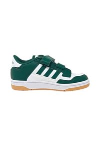 Zapatilla verde y blanca con correa de velcro, suela de goma, parte superior texturizada y tres franjas blancas en el lateral. Diseñada para uso casual.