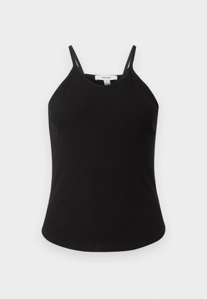 Schwarzes, geripptes ärmelloses Tanktop mit dünnen doppelten Schulterträgern und rundem Ausschnitt, beschriftet mit Topshop.