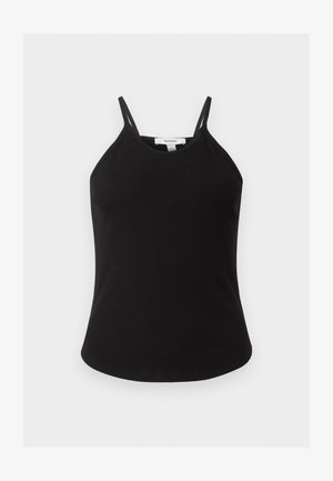Schwarzes, geripptes ärmelloses Tanktop mit dünnen doppelten Schulterträgern und rundem Ausschnitt, beschriftet mit Topshop.