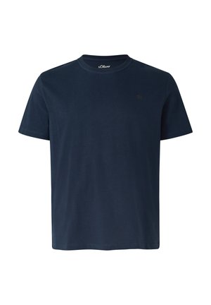 Marineblaues Baumwoll-T-Shirt mit rundem Ausschnitt und kurzen Ärmeln. Verfügt über ein dezentes Logo auf der Brust und eine glatte, weiche Textur.