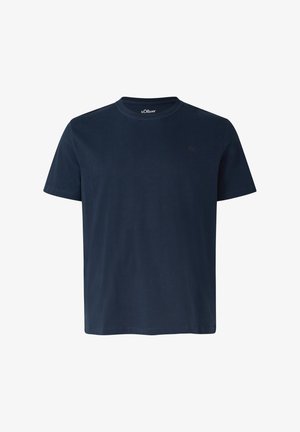 Marineblaues Baumwoll-T-Shirt mit rundem Ausschnitt und kurzen Ärmeln. Verfügt über ein dezentes Logo auf der Brust und eine glatte, weiche Textur.