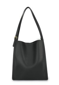 Black leather handbag with a smooth texture, hobo design, curved top, and a single adjustable shoulder strap. Gold-tone hardware accents.