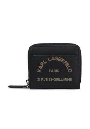 Fekete cipzáras pénztárca arany szöveggel: „Karl Lagerfeld Paris 21 Rue St-Guillaume“ az első zseben.