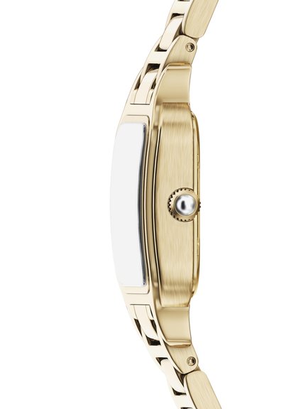 Polshorloge in goudkleur met een rechthoekige wijzerplaat, een glad horlogekastje en een gebogen band met textuur. Voorzien van een opvallende kroon aan de zijkant.