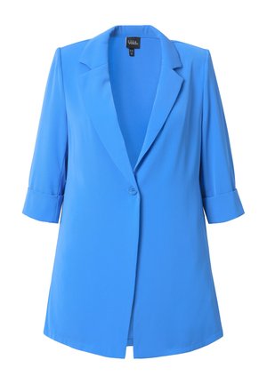 Modrý blazer s výstřihem do V, zapínání na jeden knoflík a tříčtvrtinovými rukávy. Vyroben z hladké tkaniny s přiléhavým střihem.