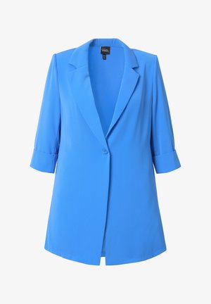 Blå blazer med reverskrave, enkel knaplukning og trekvartærmer. Fremstillet af glat stof med en skræddersyet pasform.