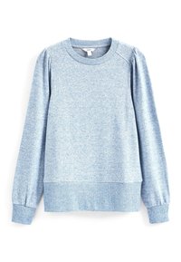 Pull en maille bleu clair avec une finition texturée, col rond et ourlet côtelé. Présente des manches bouffantes avec un détail froncé.