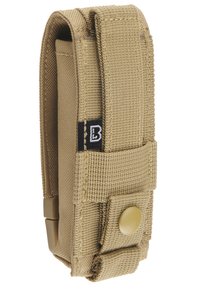Tactical pouch in khaki nylon with a textured finish, featuring a snap button closure and a vertical design for secure storage.
