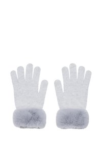Pair of light gray gloves made from knit fabric with a soft faux fur cuff. Five-finger design, featuring a textured surface and rounded edges.