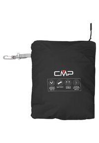 Mustan veekindla pakiga, millel on CMP logo, varustatud karabiiniga ja silmadega, mis näitavad veekindlaid ja hingavaid omadusi.