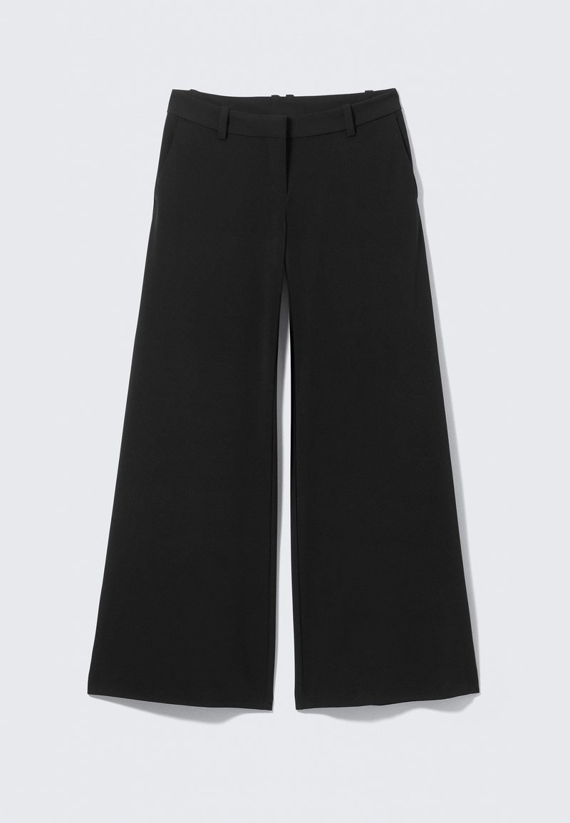 Wide-leg black trousers with a flat front, belt loops, and a smooth texture, designed for a relaxed fit. Features classic styling.