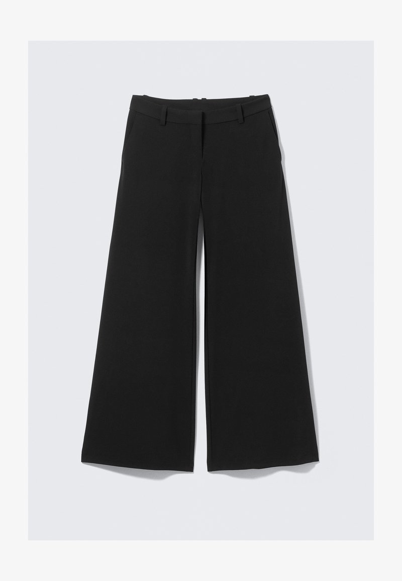 Wide-leg black trousers with a flat front, belt loops, and a smooth texture, designed for a relaxed fit. Features classic styling.
