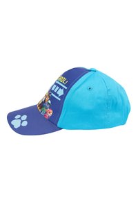 Cappello blu e viola con una grafica di personaggio sulla parte anteriore, con un dettaglio di impronta di zampa sul visiera. Realizzato in tessuto morbido.