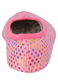 Rosa Textilschuh mit runder Zehenform, der mit einem Muster aus bunten, reflektierenden Punkten und einem schlichten, dehnbarem Rand um die Öffnung ausgestattet ist.