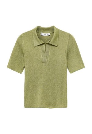 Polo vert à manches courtes avec une maille texturée, col montant et une patte de boutonnage partielle. Coupe ajustée.