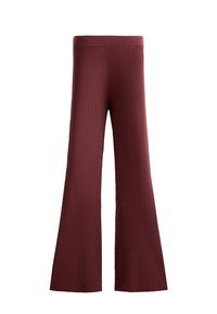 Pantaloni svasati color bordeaux realizzati in tessuto a costine, con una cintura larga e un motivo testurizzato lungo le gambe.